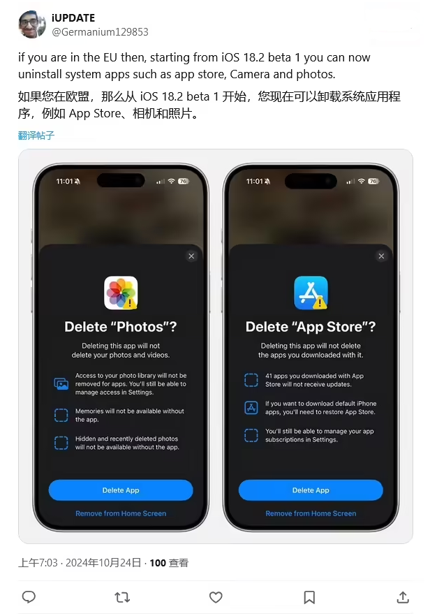 船营苹果手机维修分享iOS 18.2 支持删除 App Store 应用商店 