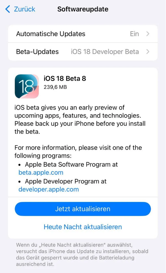 船营苹果手机维修分享苹果 iOS / iPadOS 18 开发者预览版 Beta 8 发布 